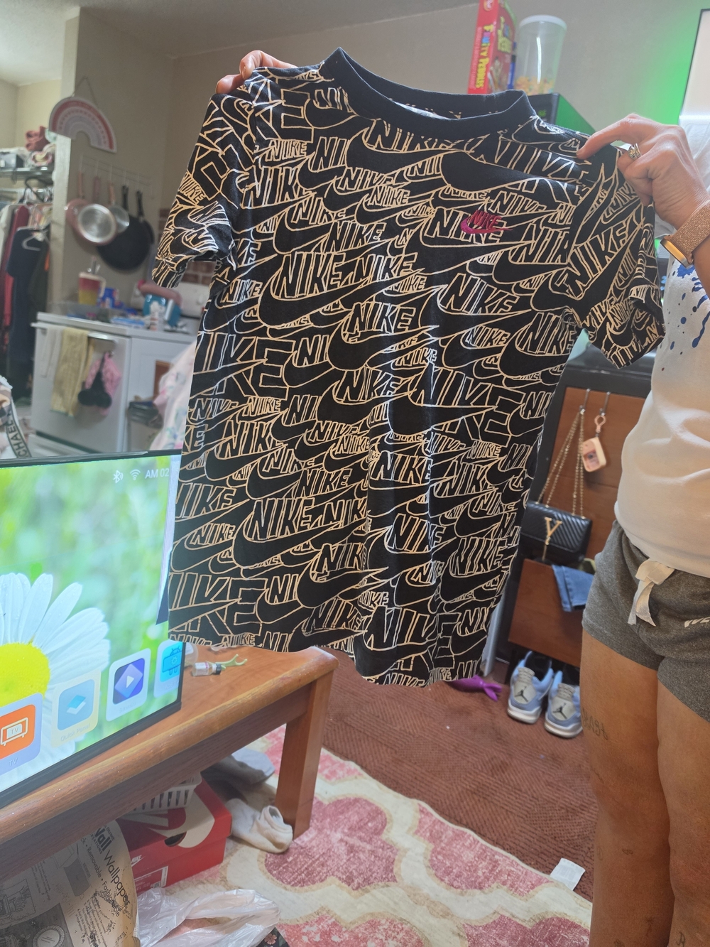 Nike Black Short Sleeve Tee with All-Over White Logo Print